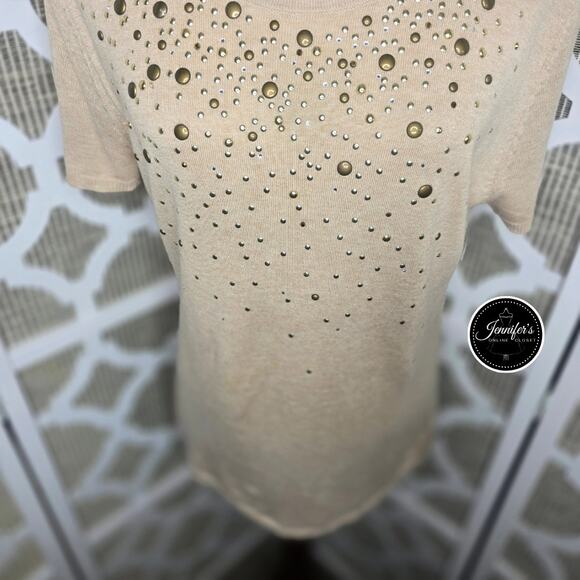Adrienne Vittadini Tan Silk Blend Gold Studded Short Sleeve Sweater Size L - Picture 4 of 10